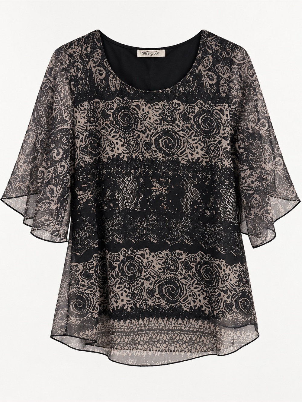 Black & Taupe Sheer Chiffon Bell Sleeve Blouse Size M Boho Y2K